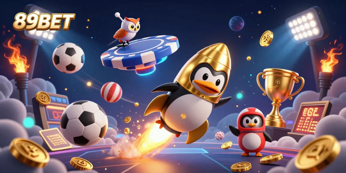 89BET showcases a golden penguin racing to a casino space station, surrounded by dynamic sports elements.