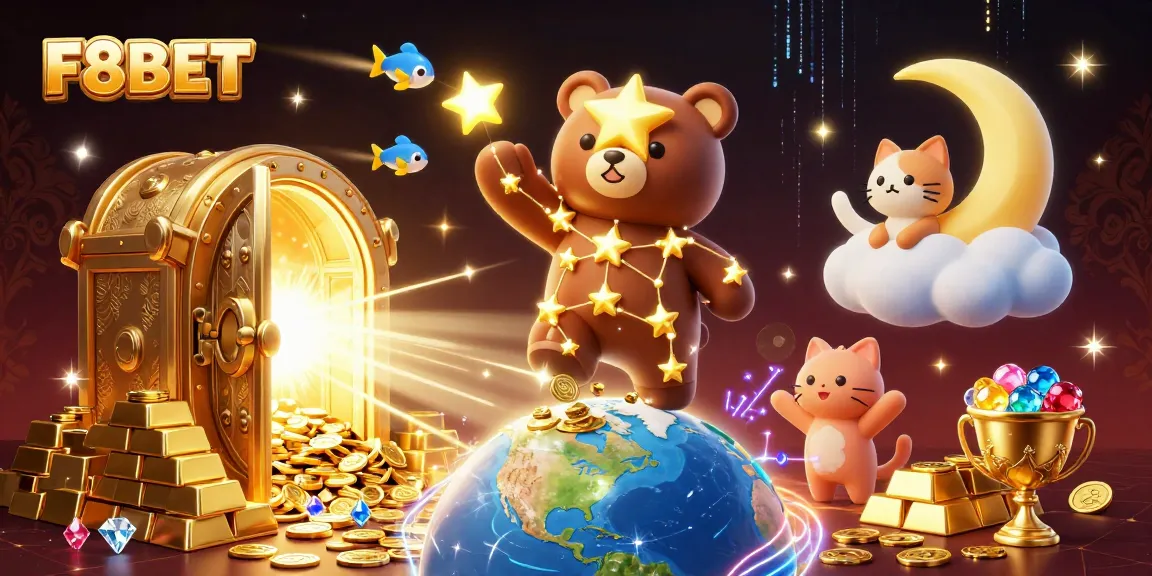 Experience F8BET with a vibrant illustration showcasing a magical casino world filled with treasures and excitement.