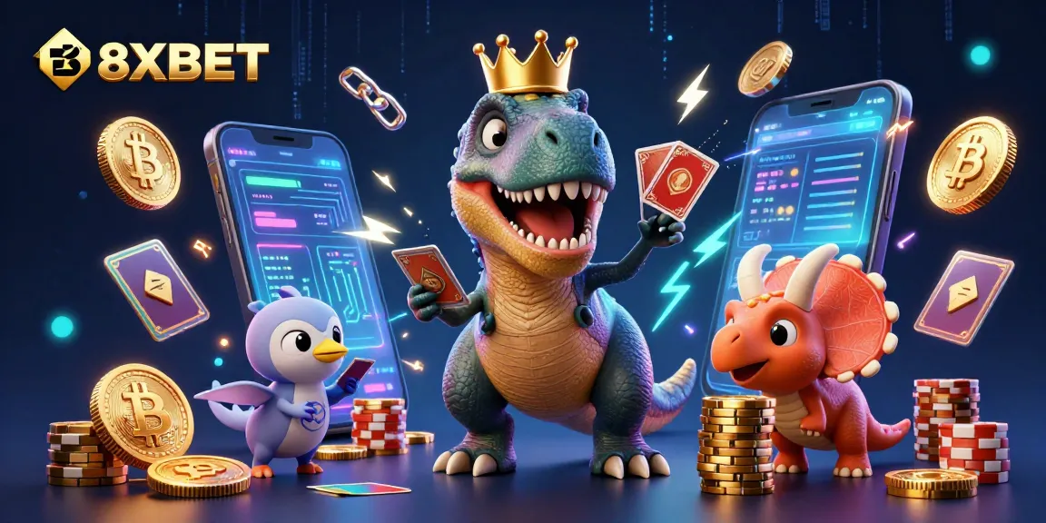 Engaging scene showcasing 8XBET with a cartoon T-Rex shuffling cards and characters amidst colorful casino elements.