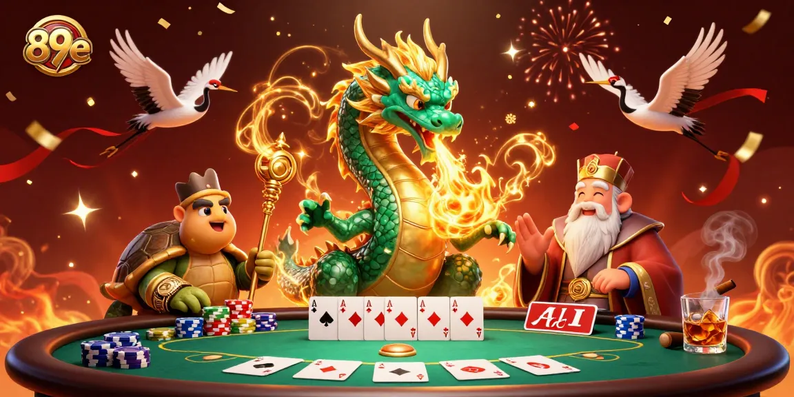 Experience the thrill of 89e with an intense fantasy scene of a jade dragon and a wise turtle at a poker table.