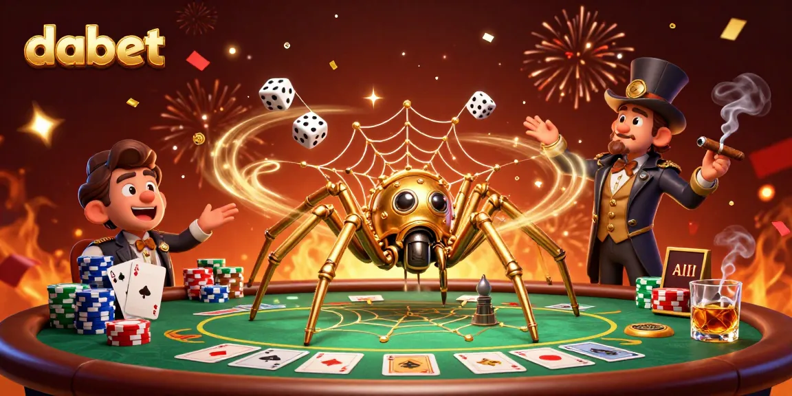 Dabet spins luck with a golden spider and poker chips in a vibrant casino scene