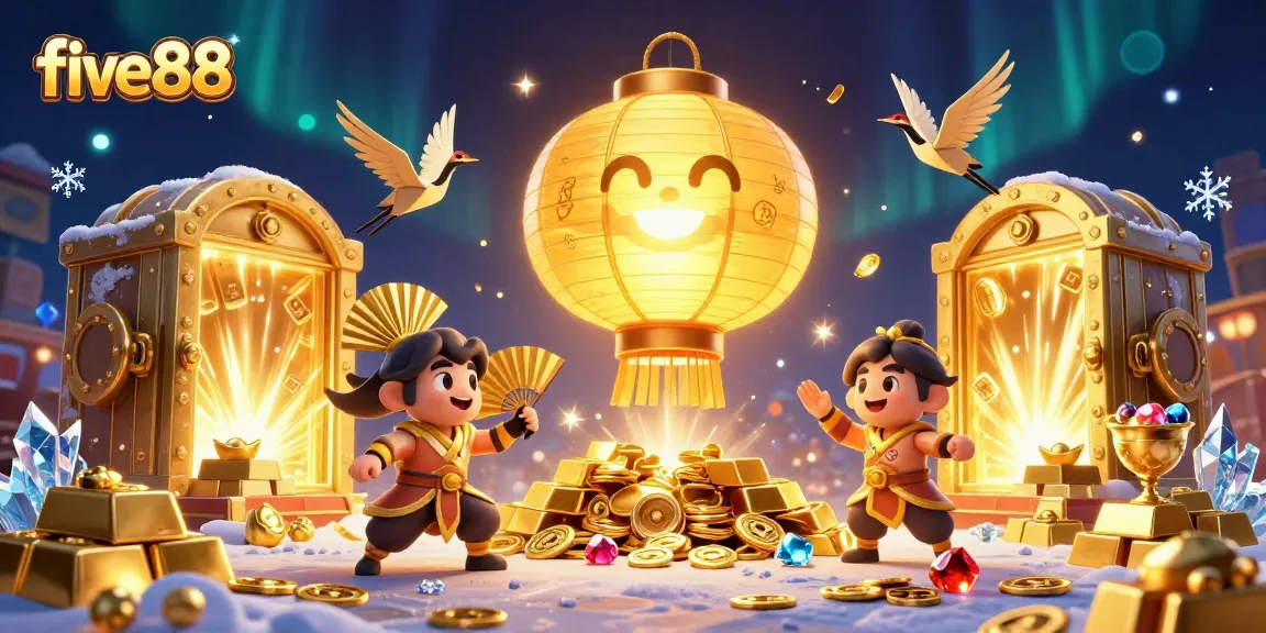 Immerse in five88's vibrant gaming world with golden lanterns, treasure, and dynamic casino elements.