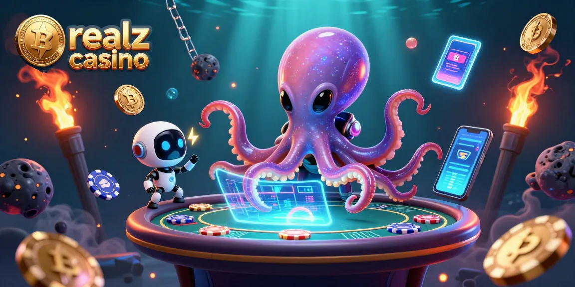 Experience the excitement of realz casino with a cartoon alien octopus and crypto-themed elements in a vibrant setting.