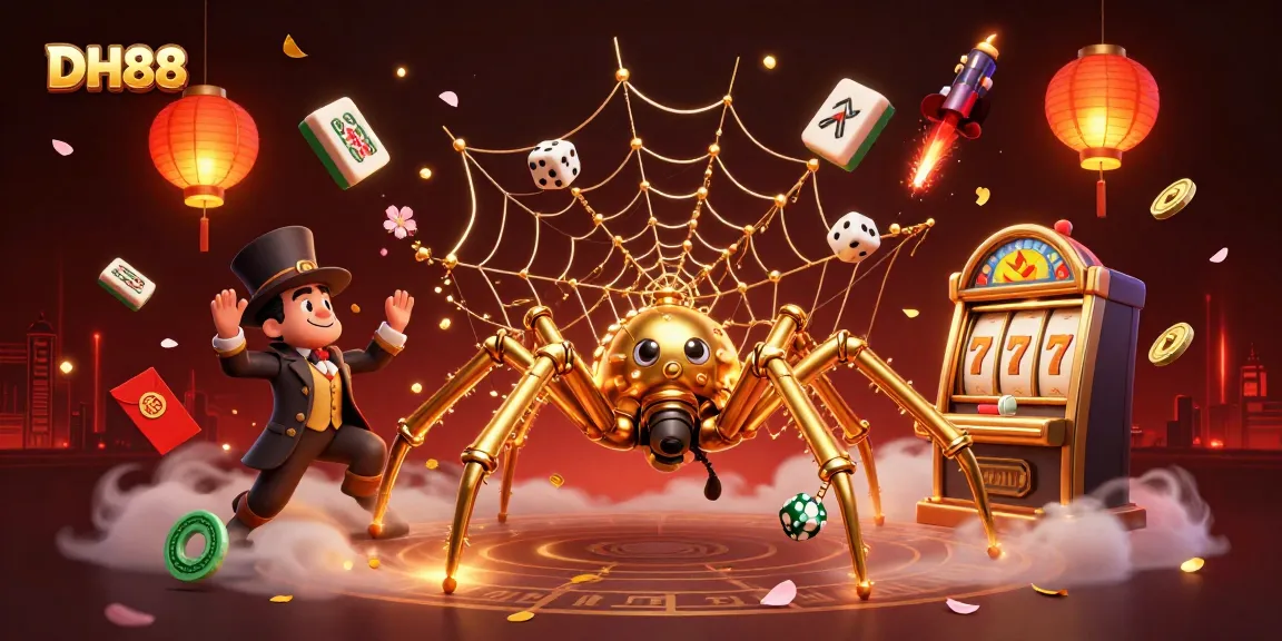 DH88 spider ensnares dice and colorful casino elements in a lively 3D illustration.