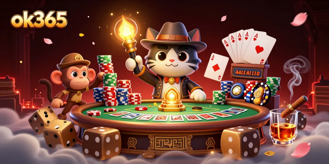Experience the thrill of ok365 gaming with an explorer cat and monkey in a vibrant casino scene.
