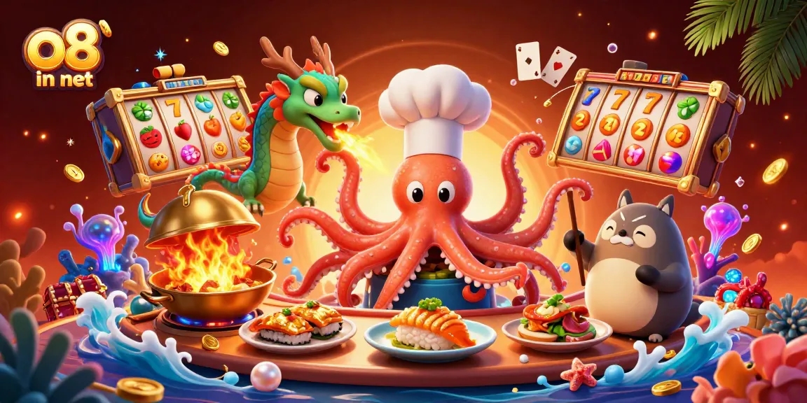 Experience the thrill of gaming at o8 in net with colorful slot reels and vibrant characters.