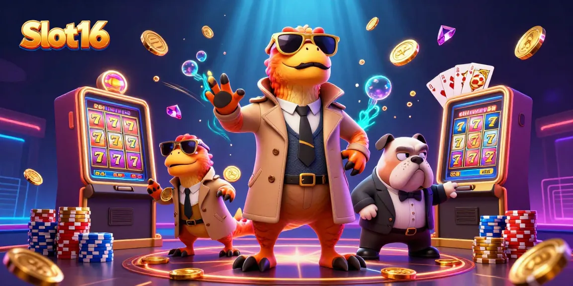 Experience Slot16 with a raptor trio in disguise at a vibrant casino scene, showcasing exciting slots.