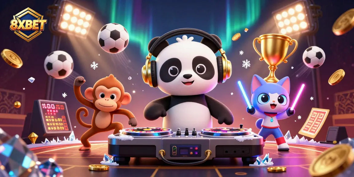 Experience the excitement of 8XBET with a lively DJ panda and dynamic gaming elements in a vibrant casino scene.