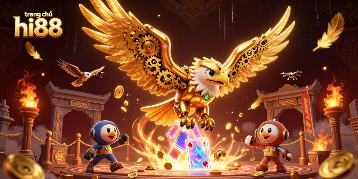 Experience the excitement of trang chủ hi88 with a vibrant 3D casino illustration featuring a golden eagle amidst playing cards and dynamic game elements.