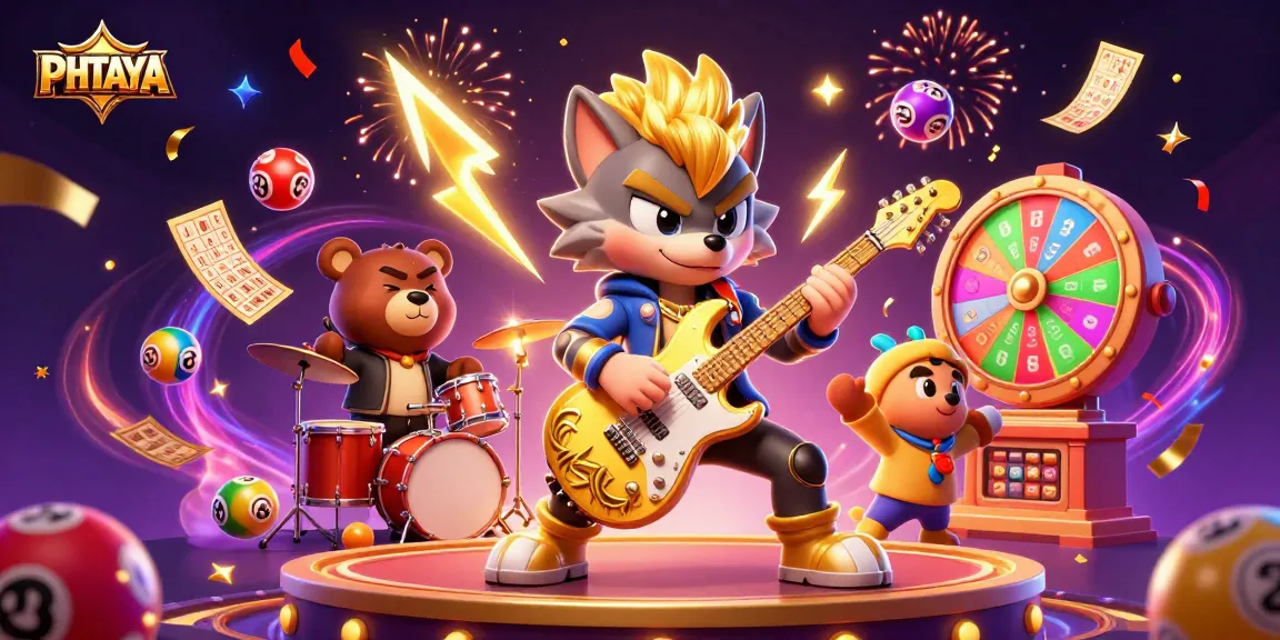 PHTAYA thrills with a vibrant casino scene featuring a rock star wolf and a drummer bear amidst lottery chaos.