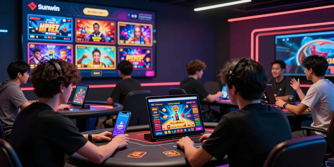 Excited players enjoying Sunwin online gaming experience with vibrant digital displays.