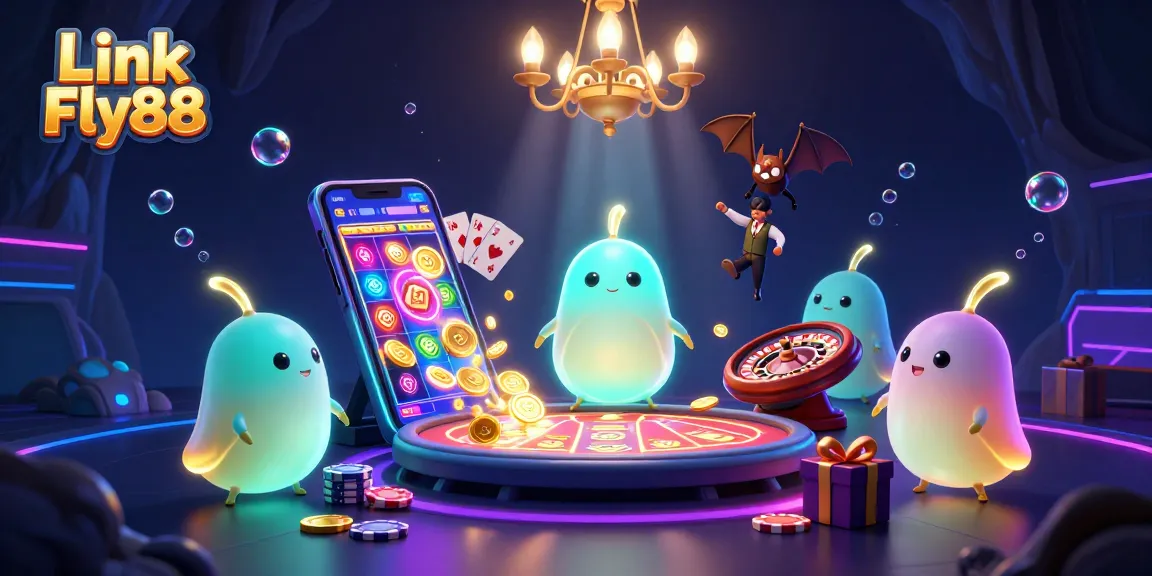Light up your winnings with Link Fly88 in this vibrant casino illustration featuring glowworms and thrilling games.