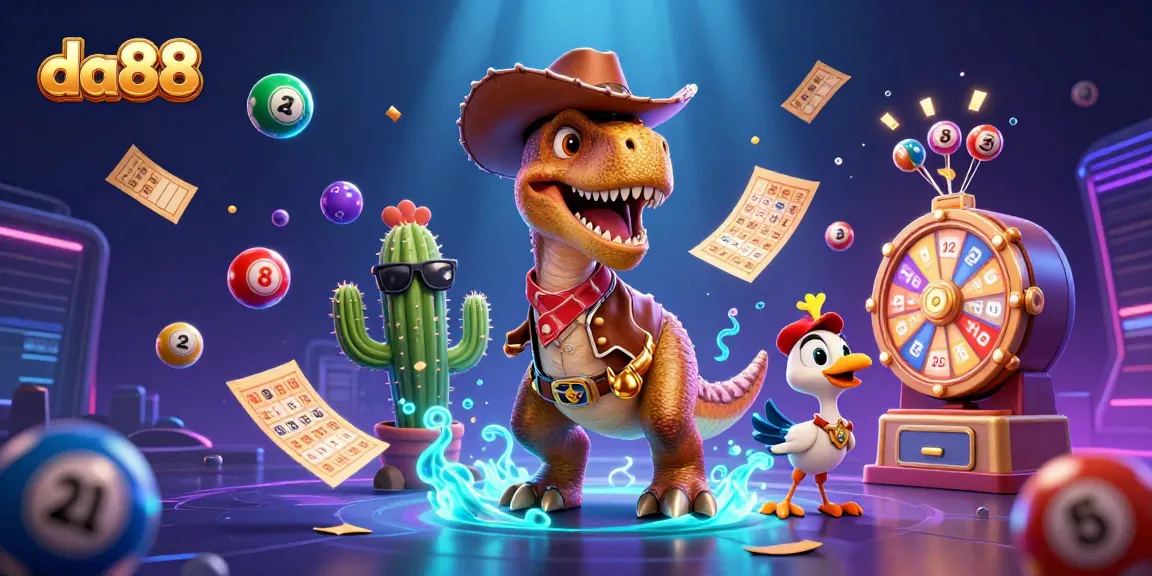 Experience excitement with da88, featuring a cartoon T-Rex, lottery elements, and vibrant casino visuals.