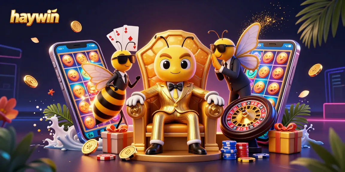 Haywin casino illustration featuring a bumblebee mob boss and gaming elements depicting thrilling slot action.
