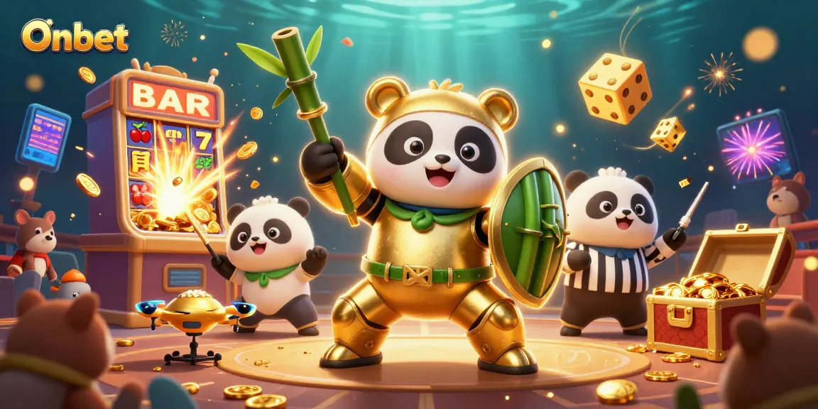 Experience Onbet's vibrant casino adventure with a golden panda pilot, jackpot slot machines, and lively atmosphere.