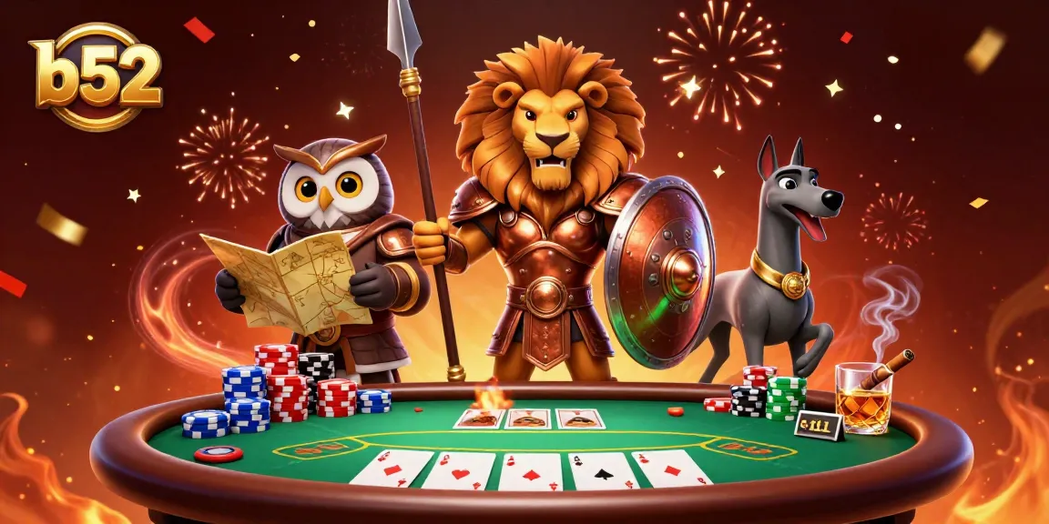 Engage in thrilling poker action with b52-themed characters in a vibrant casino atmosphere.