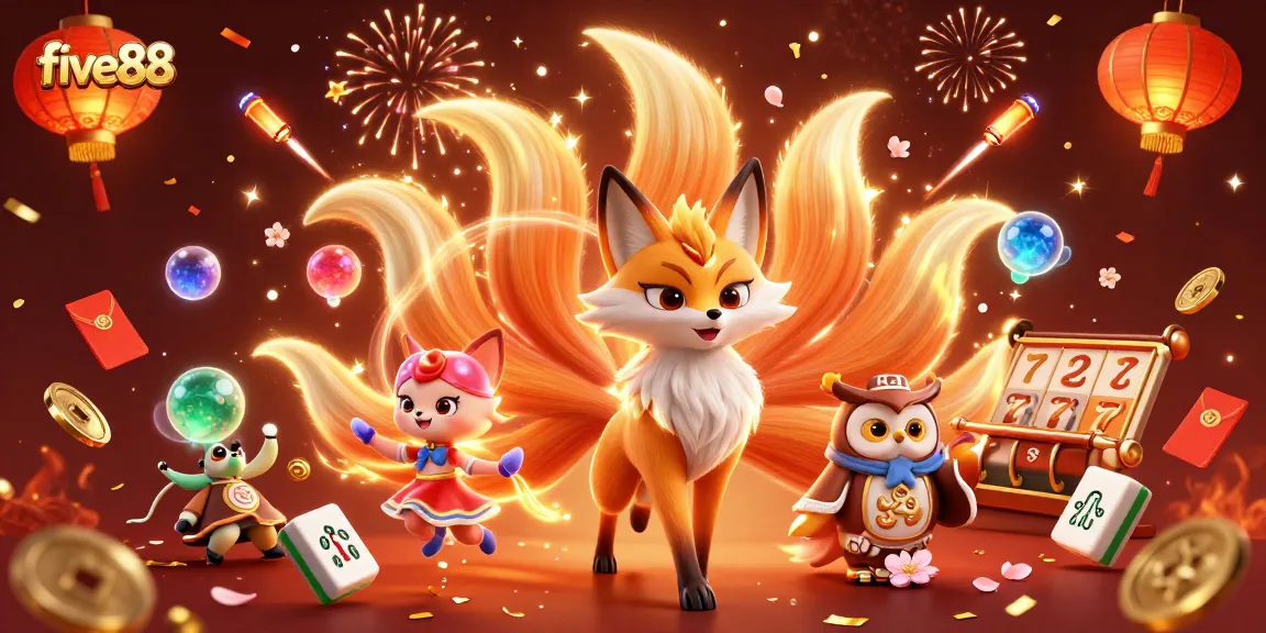 Engage in thrilling slot games at five88 with a dynamic scene featuring a nine-tailed fox and lucky symbols.