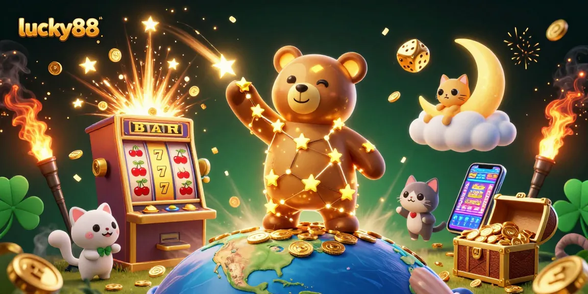 Experience the thrill of lucky88 slots with a vibrant 3D scene of characters and jackpots.