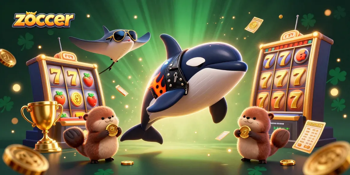 Zoccer features a vibrant casino scene with an orca, stingray, and otters enjoying riches while playing slots.