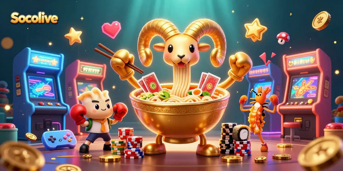 Socolive entertains players with a dynamic illustration featuring a golden ramen bowl and colorful gaming elements.