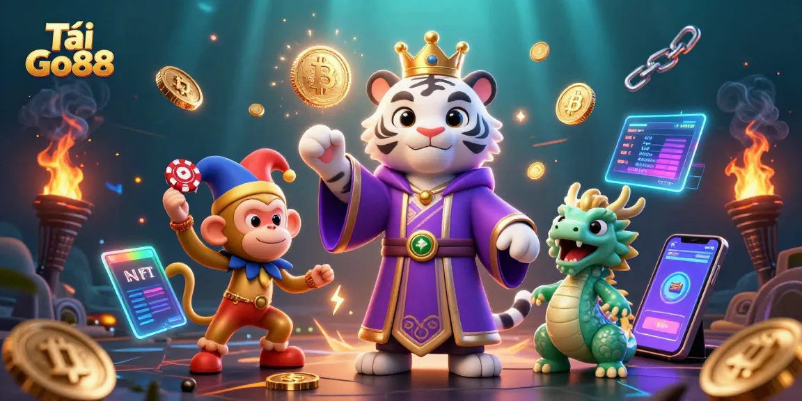 Tải Go88 features a vibrant 3D casino scene bringing life to cartoon characters amidst crypto elements.