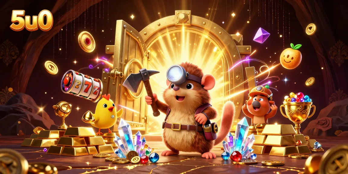 Experience thrilling wins at 5u0 with a treasure hunter mole in an exciting casino scene.