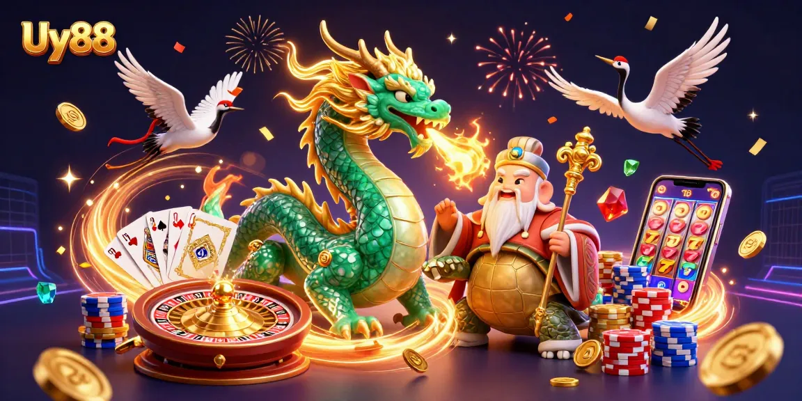 Experience excitement at Uy88 with a massive jade dragon and dynamic casino elements.