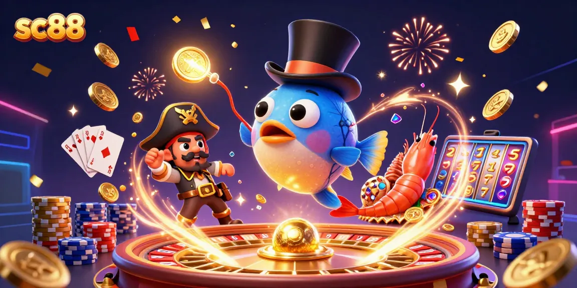 Sc88 showcases an exciting casino scene with a glowing anglerfish, pirate shrimp, and gem snail attracting golden coins in a vibrant illustration.