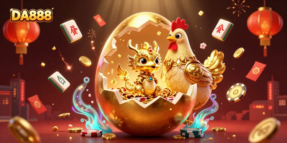 Experience the thrill of DA888 with golden dragon, poker chips, and festive elements