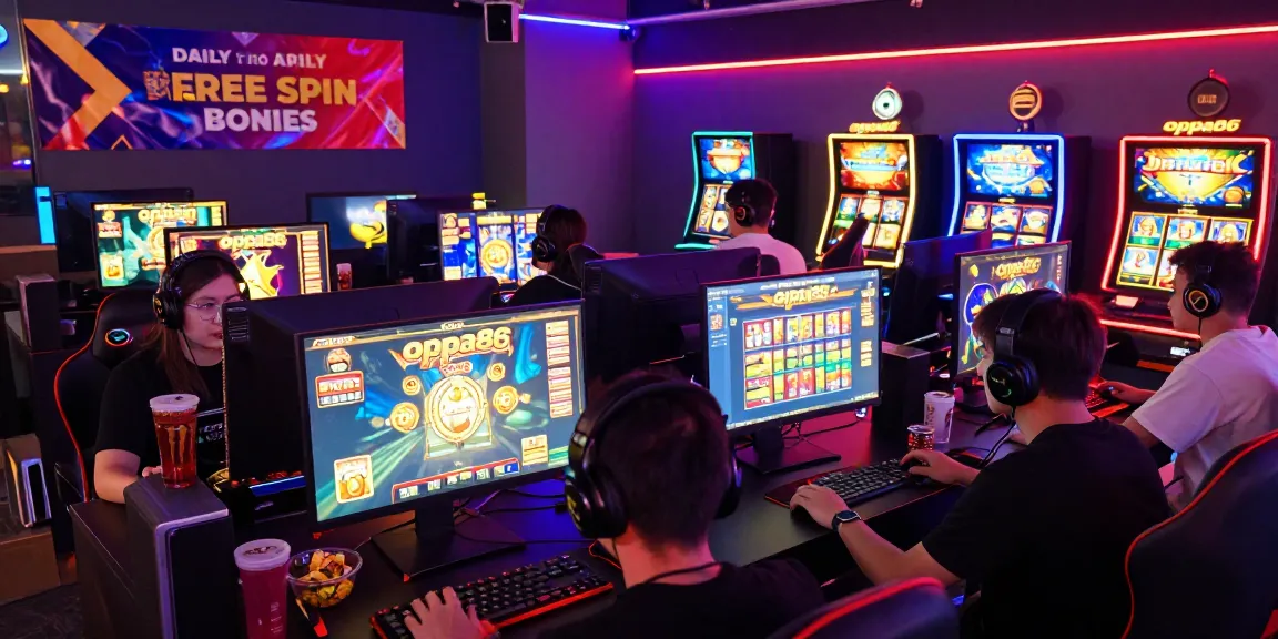 Exciting online gaming scene at oppa86 with players enjoying slot machines and daily free spin bonuses.