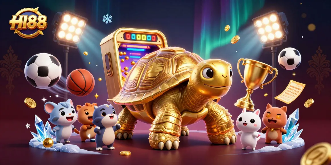 Experience HI88 with a thrilling golden tortoise pinball machine surrounded by casino excitement.