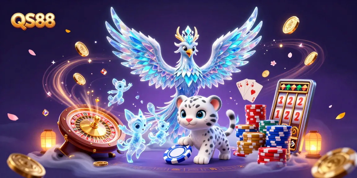 Engage with the thrilling world of QS88 casino games featuring an ice phoenix, poker chip, and dazzling gems.