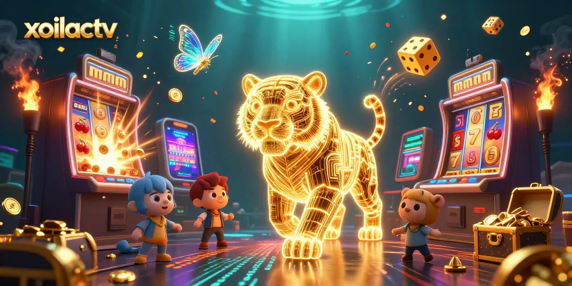 Experience high-energy gaming at xoilactv with a neon tiger amidst slot machines and vibrant casino elements.