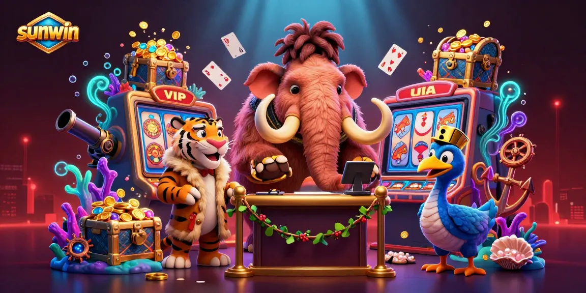 Experience the vibrant world of Sunwin's casino with a unique woolly mammoth bouncer and VIP characters.