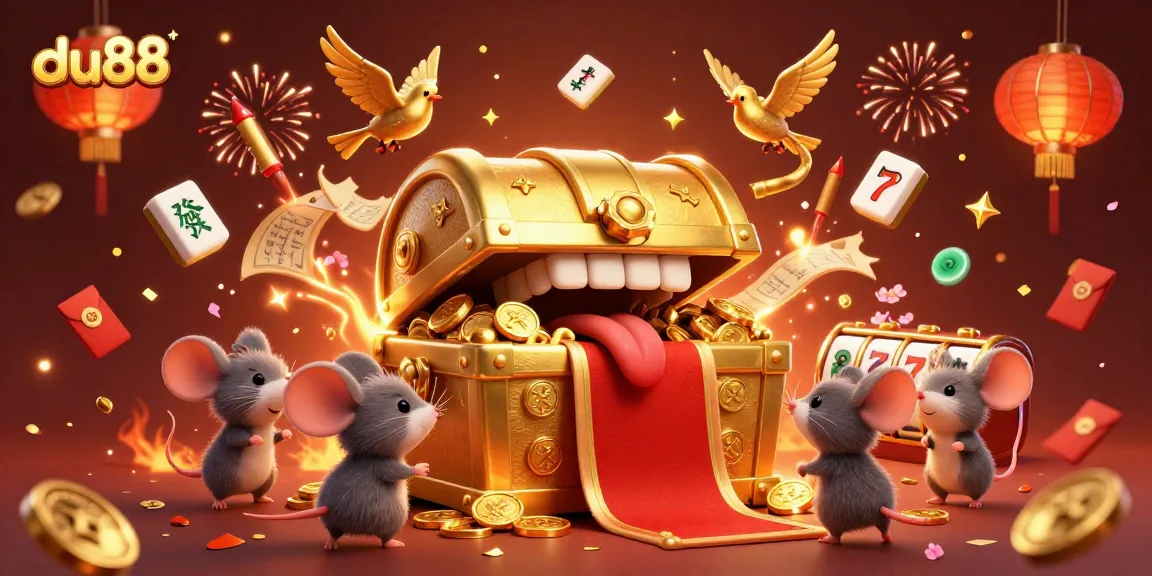 Experience the excitement and allure of du88 casino games through a vibrant 3D illustration filled with treasures and symbols of luck.