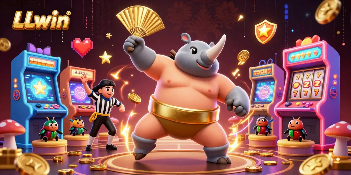 Engage in thrilling moments at LLwin with the lively sumo beetle champion amid flying coins and arcade elements.