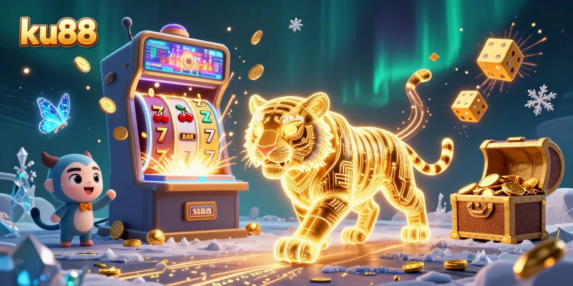 ku88 engages players with vibrant casino-themed 3D illustration showcasing jackpots and excitement.