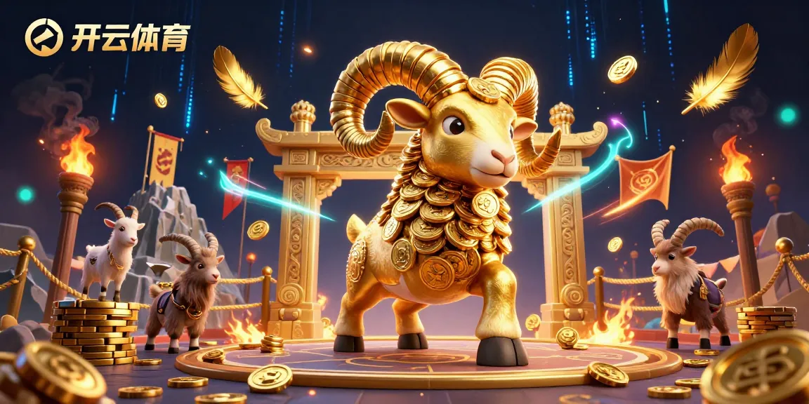 开云体育 offers thrilling sports betting excitement with dynamic scenes and golden ram mascot in 3D illustration.