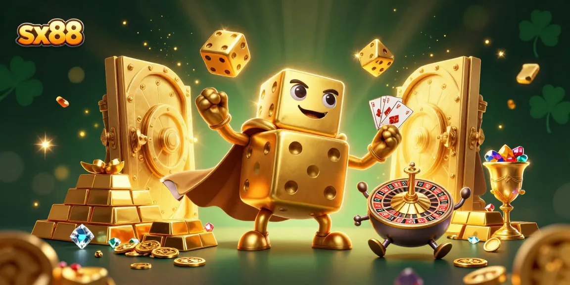 Experience the excitement of sx88 with golden dice golem and roulettes in a vibrant casino scene.