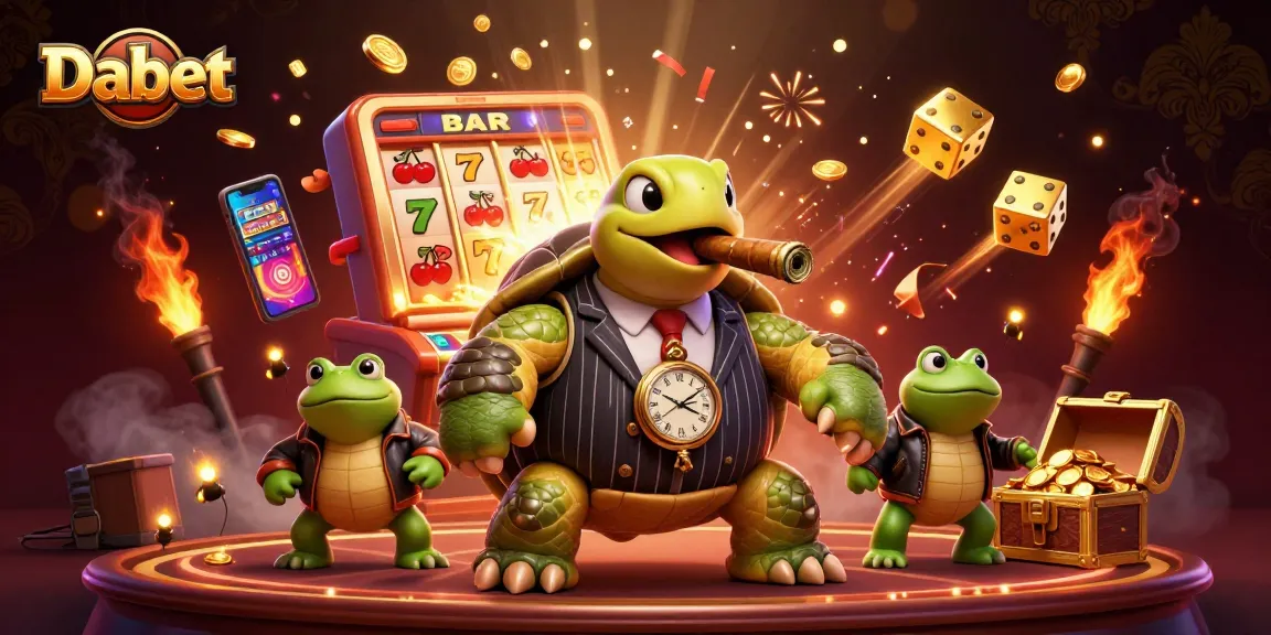 Dabet showcases a massive turtle mobster with jackpot-winning slots, surrounded by colorful casino elements.
