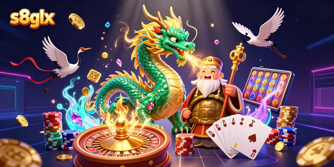 Experience excitement at s8glx with a vibrant 3D gambling scene featuring iconic casino elements.