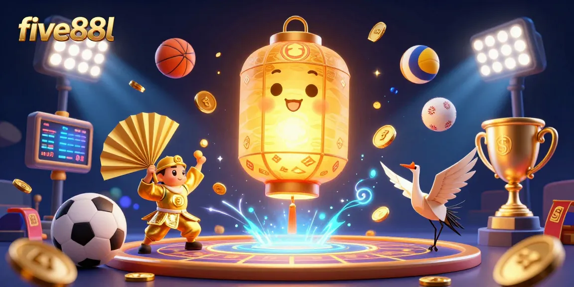Experience the dynamic atmosphere of five88l with energetic 3D elements including a glowing lantern spirit and vibrant sports symbols.