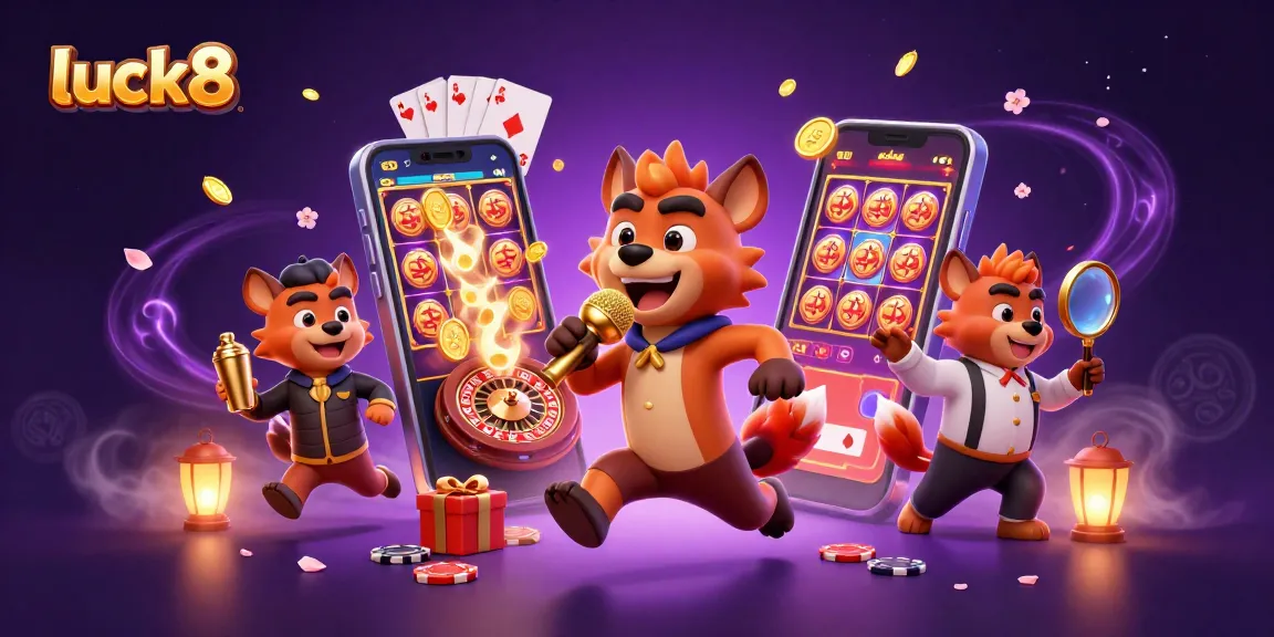 luck8 entertainment at a lively casino club featuring cartoon hyenas, drinks, and golden coins