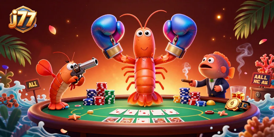 Engage with j77's vibrant casino scene featuring cartoon shrimps around a poker table, showcasing excitement.
