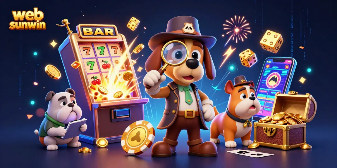 Spin to win on web sunwin with a detective and bulldog uncovering poker treasures amidst vibrant casino elements.