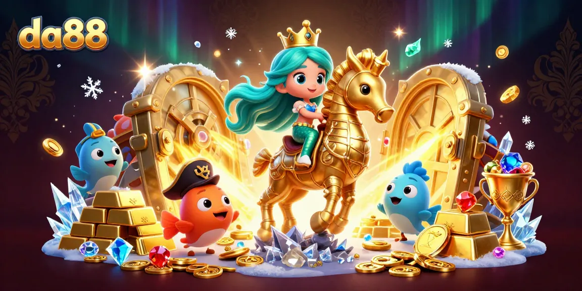 Experience the vibrant da88 world, with a mermaid and treasure amidst dazzling casino elements.