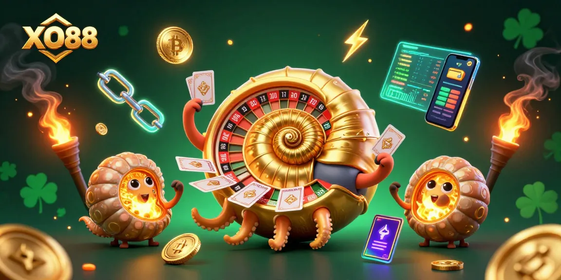 Spin and win at XO88 with the vibrant ancient nautilus illustration featuring glowing crypto coins.