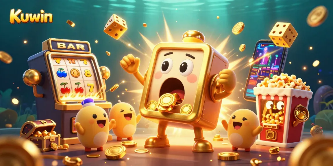 Kuwin's slot machine hits the jackpot, showering coins in a vibrant casino environment while baby slots cheer on!