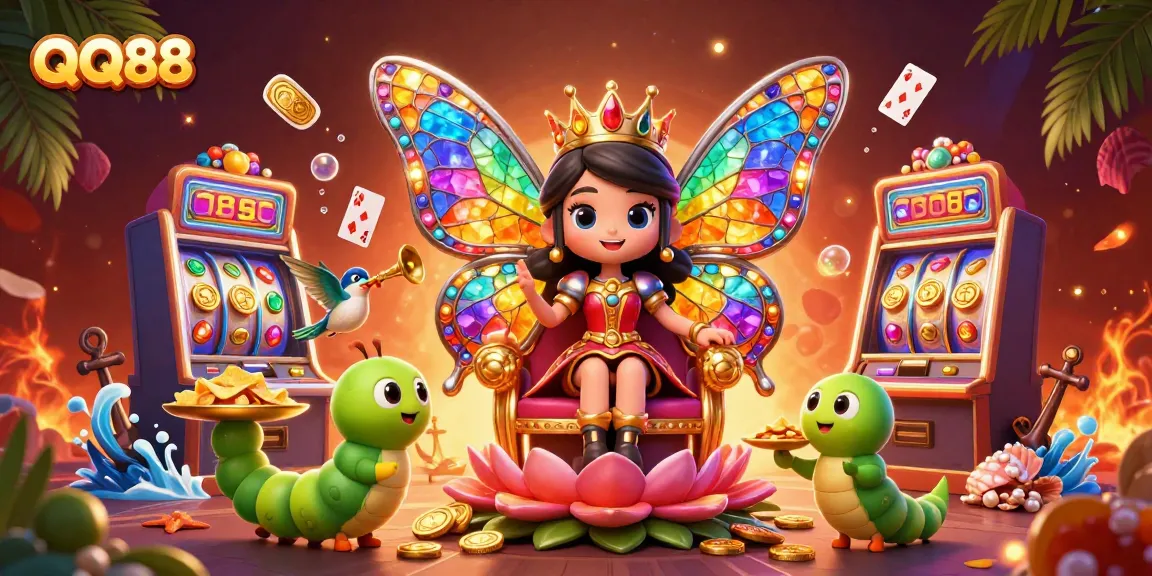 Spin the reels with QQ88’s vibrant casino scene featuring a butterfly queen and dynamic gaming elements.