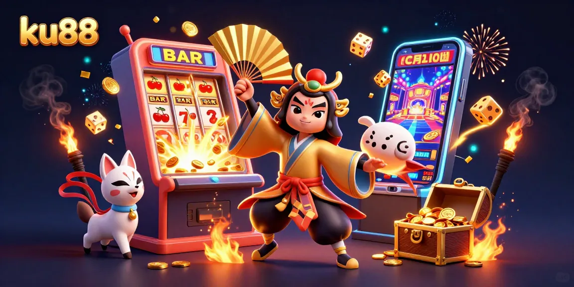 Win big with ku88's vibrant casino scene featuring a cartoon kabuki warrior and exciting game elements.